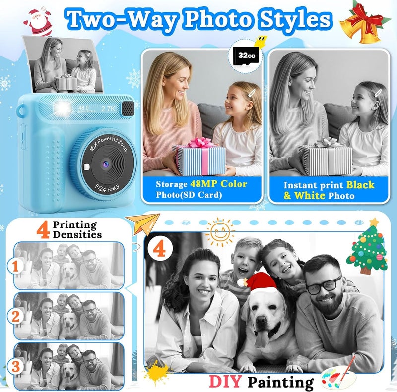 JPVERLY Instant Print Camera for Kids, 1080P Digital Kids Camera, Christmas Birthday Gift for 3-12 Years Old Girls & Boys, Portable Toy with 32GB SD Card & 3 Rolls Printing Paper (Blue Pro) - Image 3